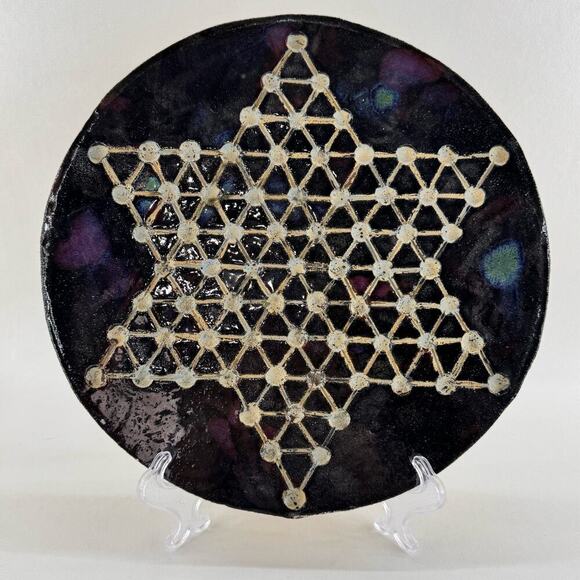 Handmade Art Pottery Ceramic Chinese Checkers Board Round 10.5" Blue Purple - Picture 1 of 6